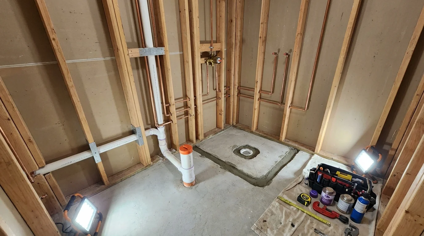 Bathroom rough-in plumbing during remodel by Johns Plumbing LLC in Jerseyville