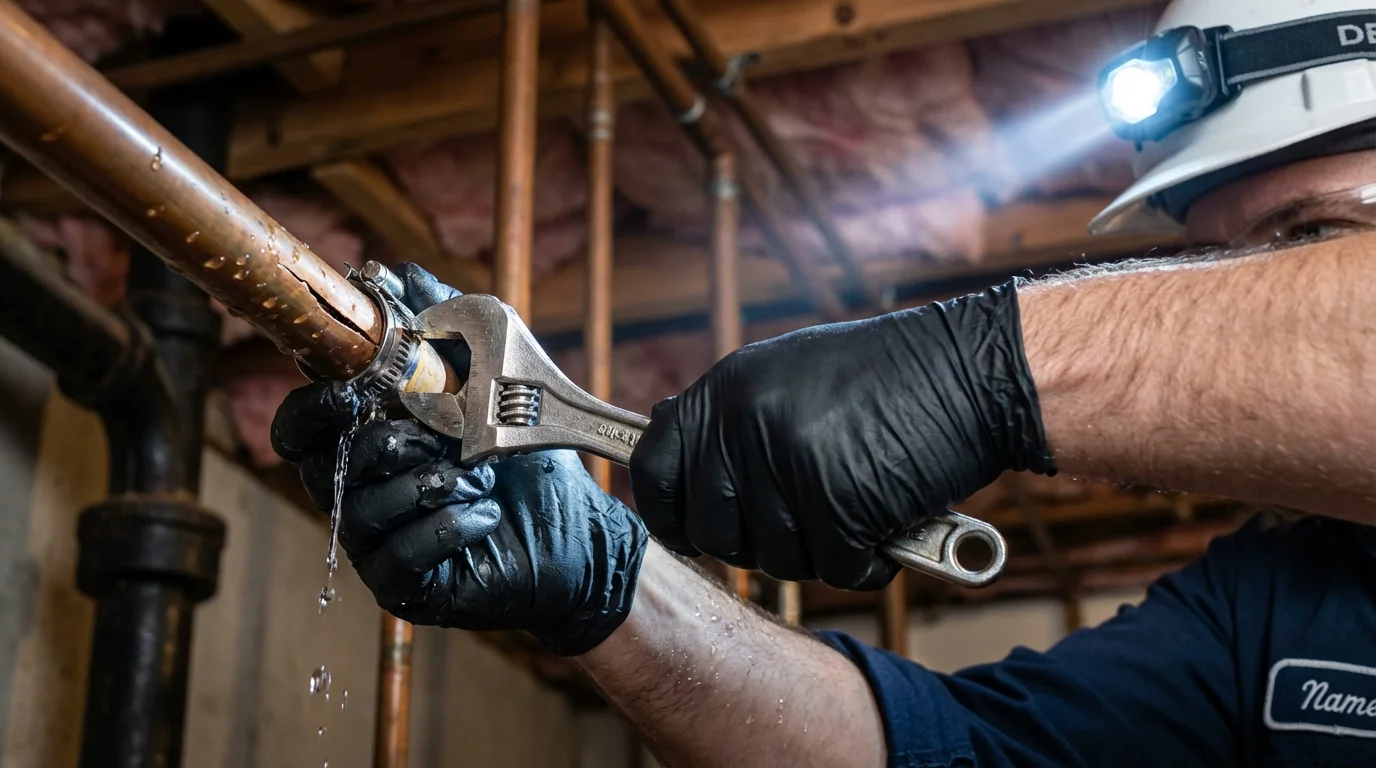 Emergency pipe clamp repair being performed by a Johns Plumbing LLC plumber in Jerseyville