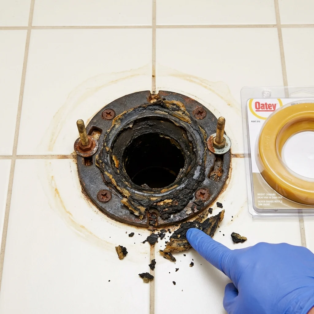 Failed wax ring showing water seepage at the base of a toilet in a Jerseyville, IL home