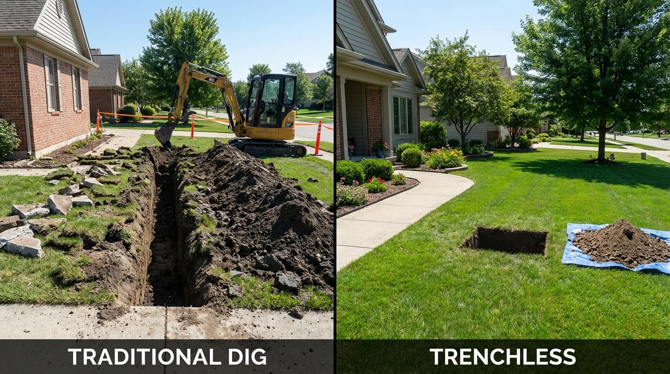 Trenchless sewer repair with minimal yard damage versus traditional excavation in Jerseyville, IL