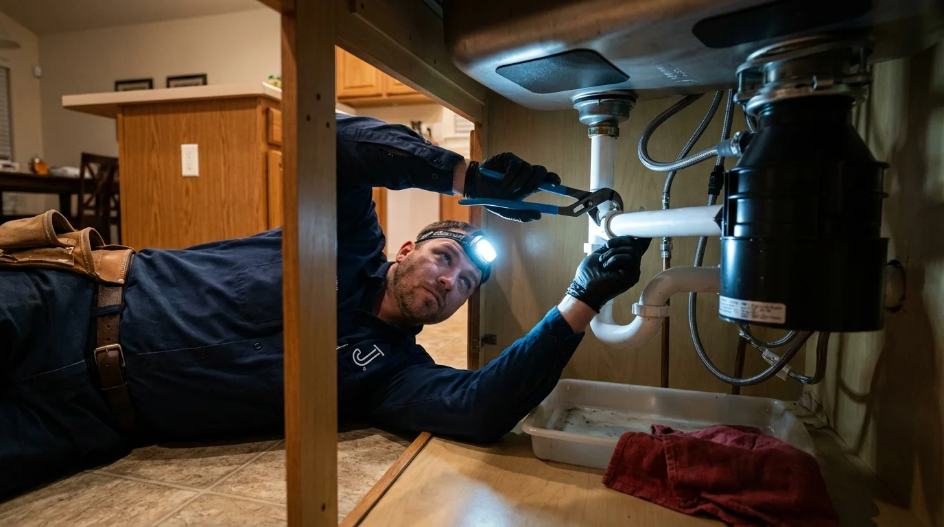P-trap and supply line connections under a kitchen sink showing a common leak point in Jerseyville, IL